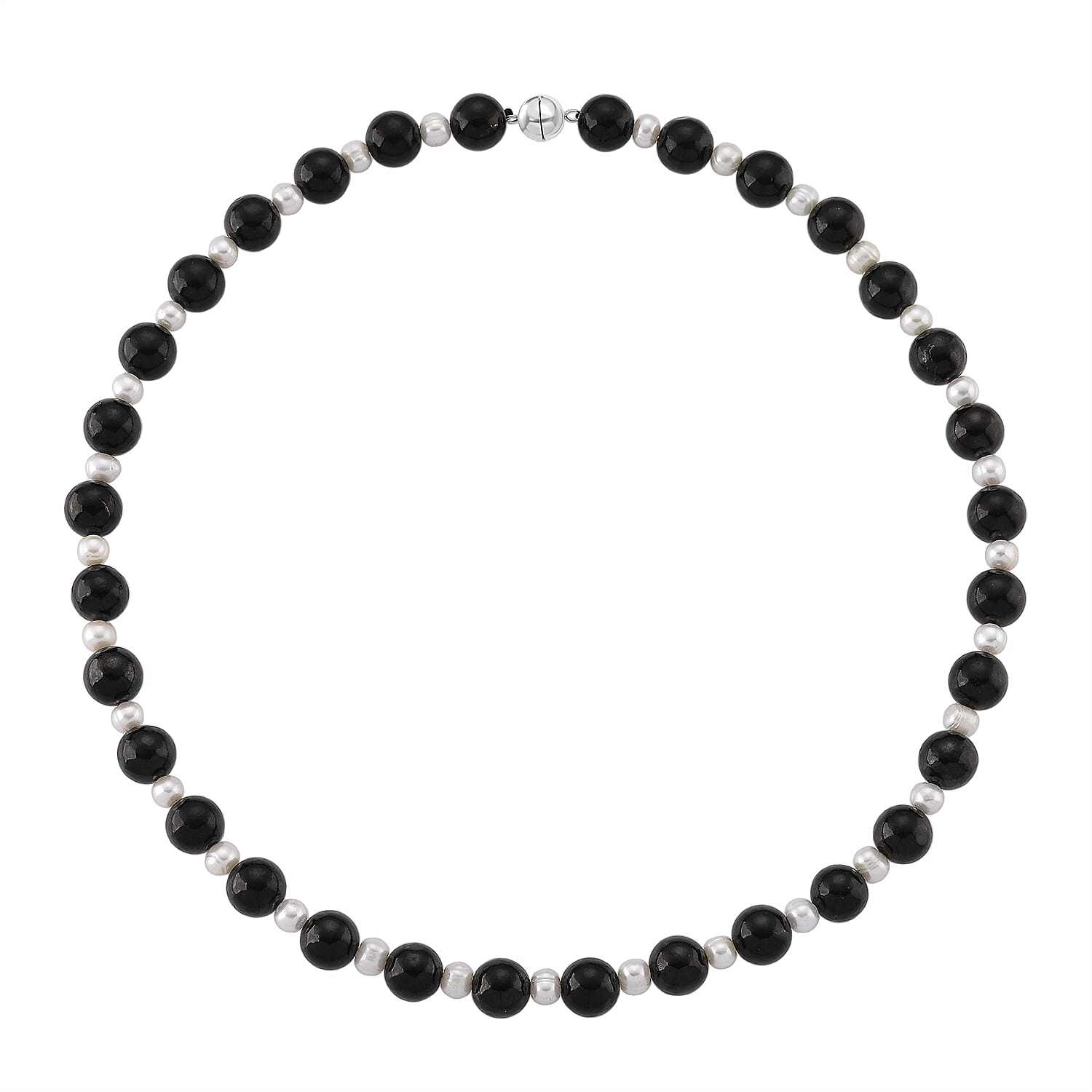 D'Joy Natural Shungite & White Fresh Water Pearl Beads Necklace (Size - 20) with Magnetic Lock in Rhodium Overlay Sterling Silver 250.00 Ct.