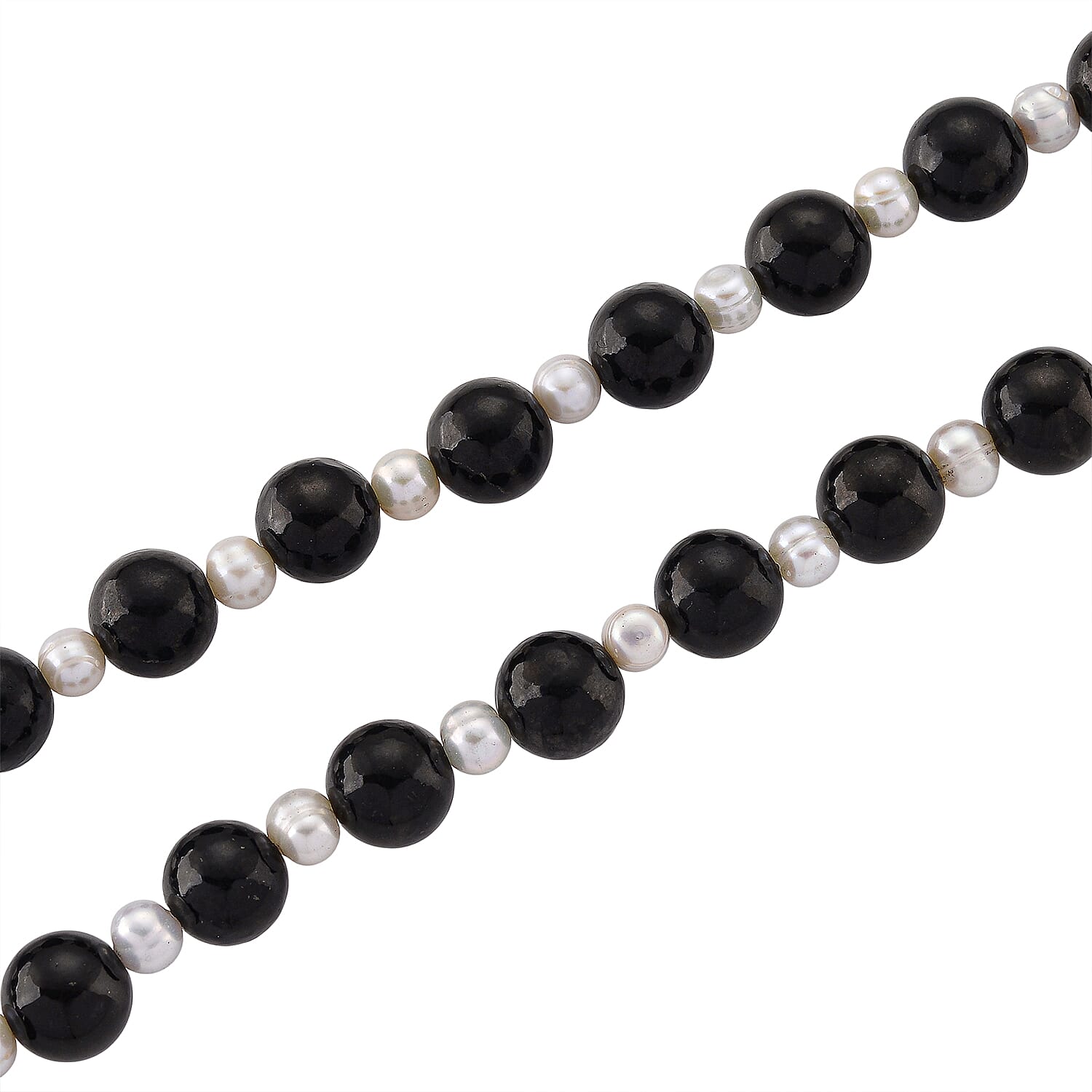 D'Joy Natural Shungite & White Fresh Water Pearl Beads Necklace (Size - 20) with Magnetic Lock in Rhodium Overlay Sterling Silver 250.00 Ct.
