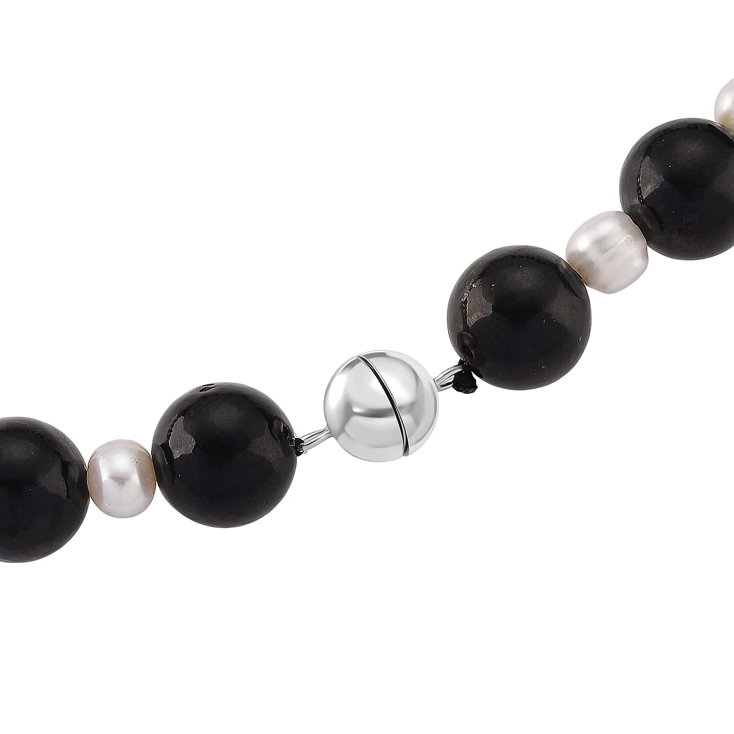 D'Joy Natural Shungite & White Fresh Water Pearl Beads Necklace (Size - 20) with Magnetic Lock in Rhodium Overlay Sterling Silver 250.00 Ct.