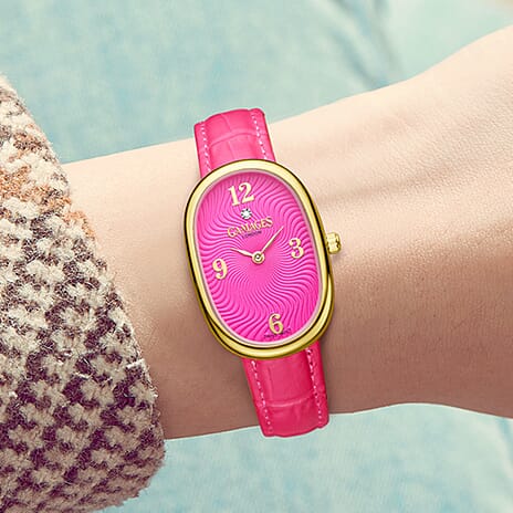 GAMAGES OF LONDON Dreamy Diamond Swiss Quartz 3ATM WR Wild Berry Pink Dial & Gold Case Ladies Watch with Rose Pink Leather Strap