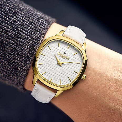 GAMAGES OF LONDON Glamorous Diamond Swiss Quartz 3ATM WR Ivory White Dial & Gold Case Ladies Watch with White Leather Strap