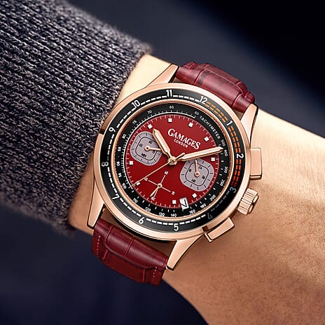 GAMAGES OF LONDON Godinton Ashford Japan Mechanical Quartz 3ATM WR Wine Red Matte Dial & Rose Gold Case Mens Watch with Mahogany Red Leather Strap
