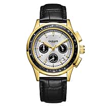 GAMAGES OF LONDON Faustus Marlowe Japan Mechanical Quartz 3ATM WR Silver Sunray Dial & Gold Case Mens Watch with Black Leather Strap