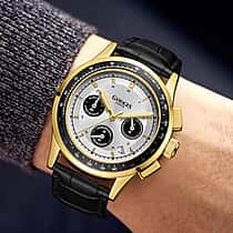 GAMAGES OF LONDON Faustus Marlowe Japan Mechanical Quartz 3ATM WR Silver Sunray Dial & Gold Case Mens Watch with Black Leather Strap