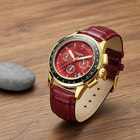 GAMAGES OF LONDON Faustus Marlowe Japan Mechanical Quartz 3ATM WR Red Sunray Dial & Gold Case Mens Watch with Wine Red Leather Strap