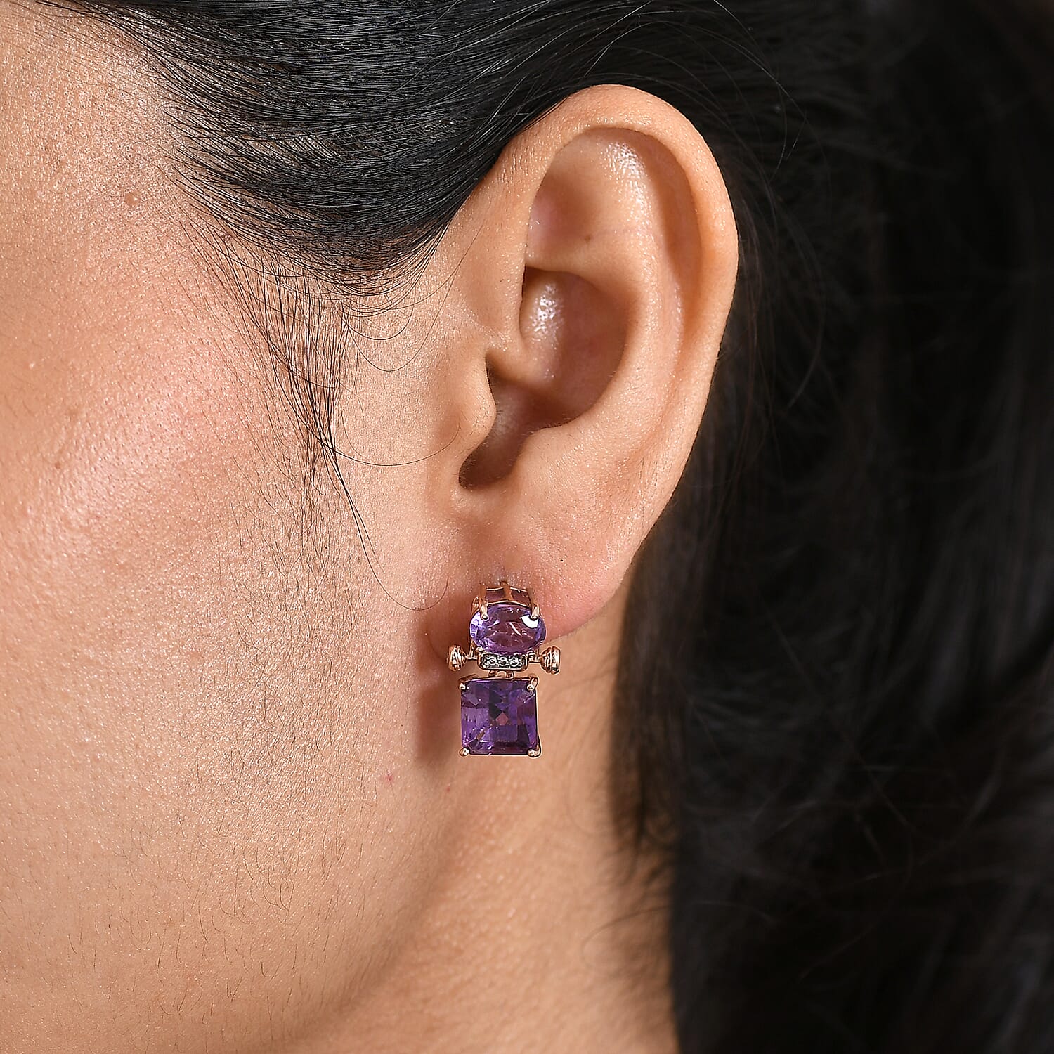 D'Joy Rose De France Amethyst & White Zircon Dangling Earring with Push Back in Rose Gold Plated Sterling Silver 8.00 Ct.