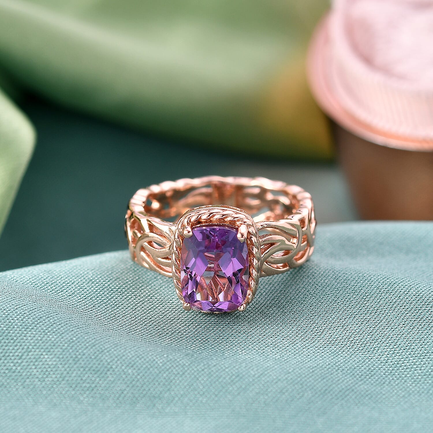 EverTrue Rose De France Amethyst Solitaire Ring in Rose Gold Tone 2.20 Ct.