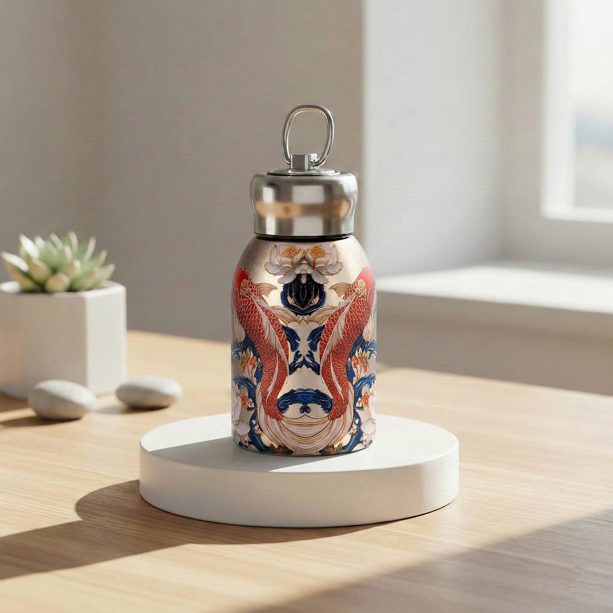 Livmore - Insulated Bottle Made Of 316L Stainless Steel With Double Wall And Koi And Lotus Design - For Hot And Cold Drinks - 260mL