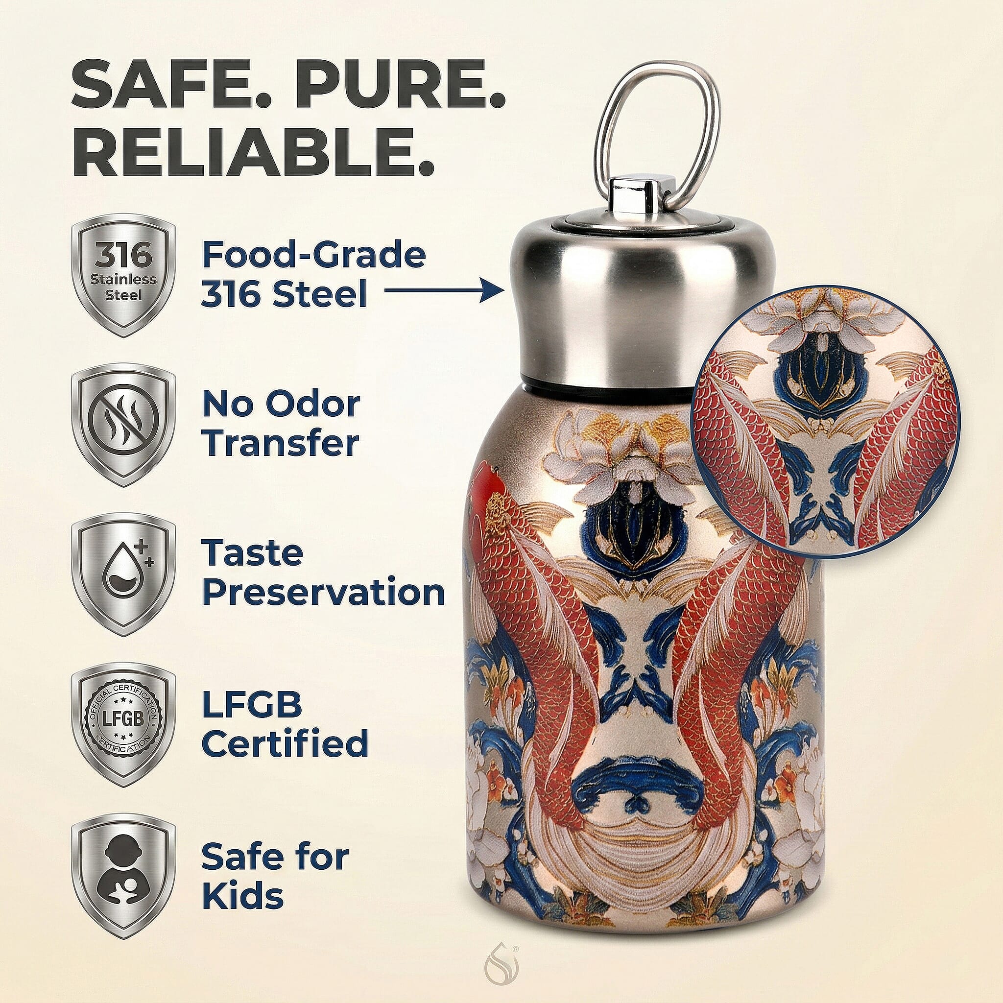 Livmore - Insulated Bottle Made Of 316L Stainless Steel With Double Wall And Koi And Lotus Design - For Hot And Cold Drinks - 260mL