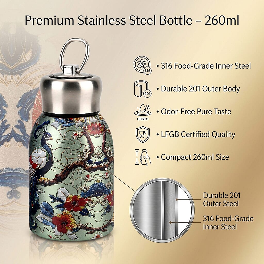 Livmore - Insulated Bottle Made Of 316L Stainless Steel With Double Wall And Peacock Design - For Hot And Cold Drinks - 260mL