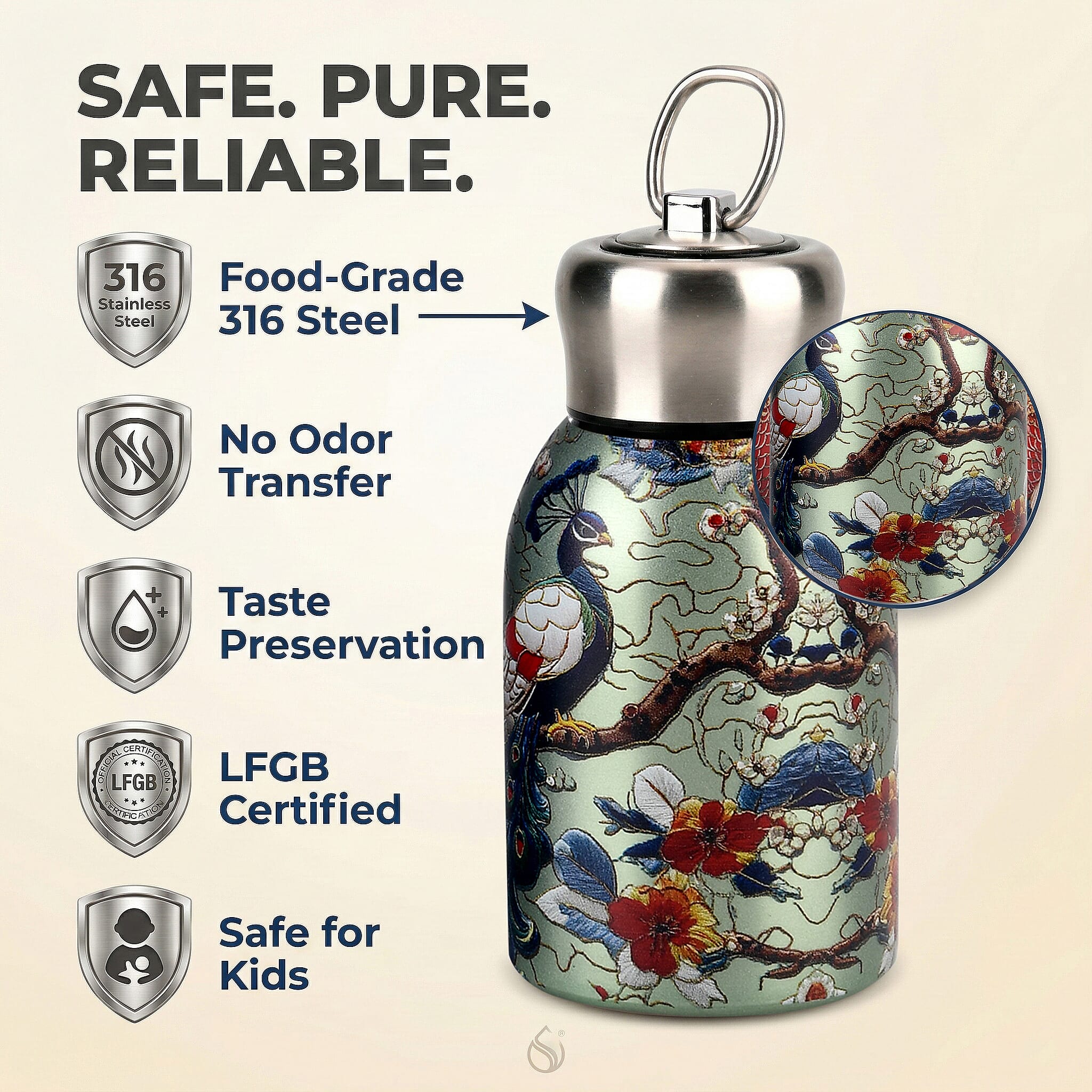 Livmore - Insulated Bottle Made Of 316L Stainless Steel With Double Wall And Peacock Design - For Hot And Cold Drinks - 260mL