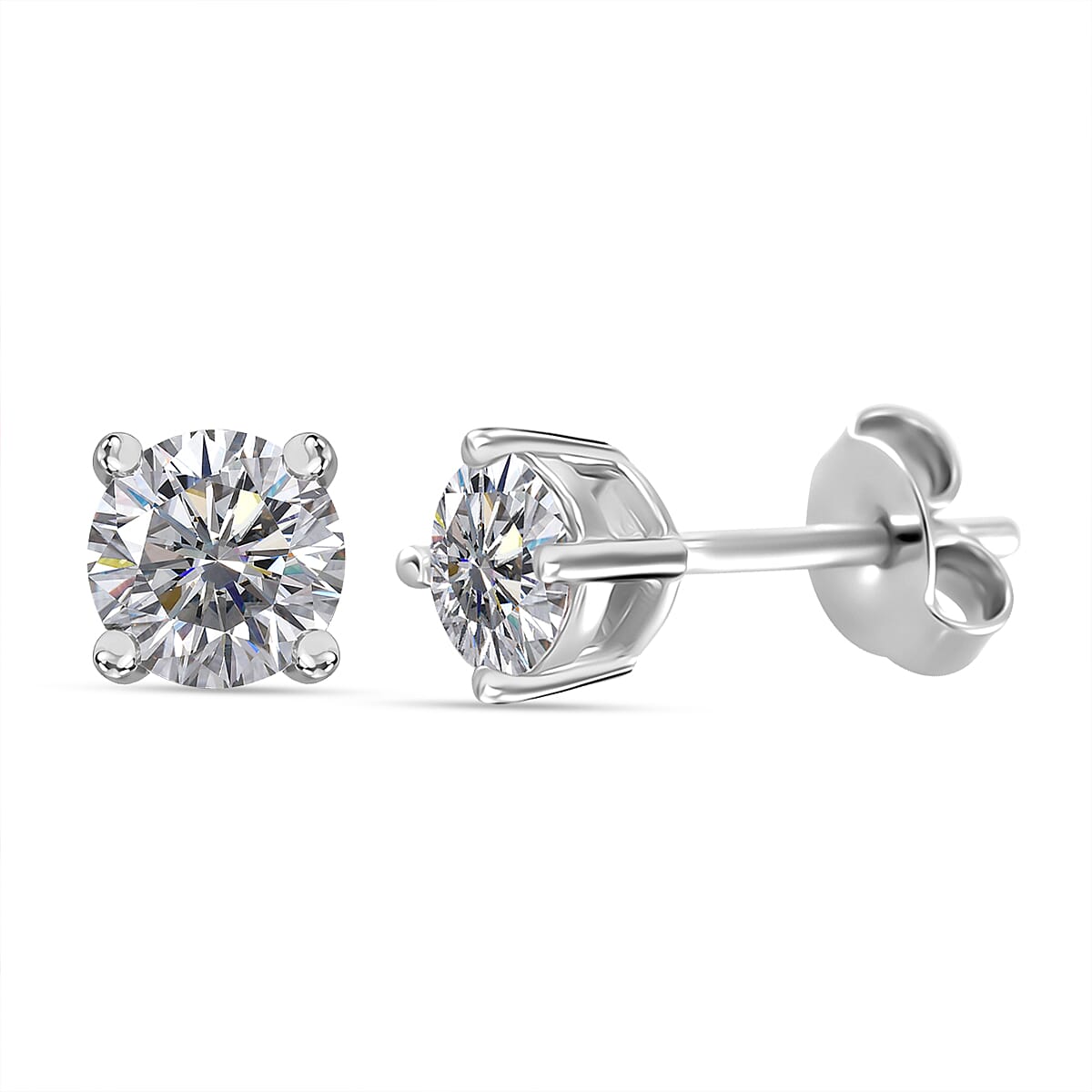 Moissanite Solitaire Stud Push Post Earring in Rhodium Overlay Sterling Silver