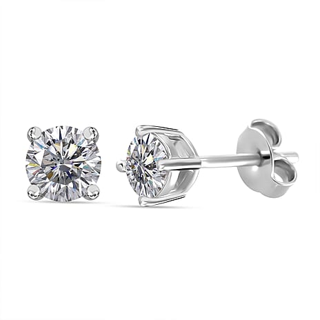 Moissanite Solitaire Stud Push Post Earring in Rhodium Overlay Sterling Silver