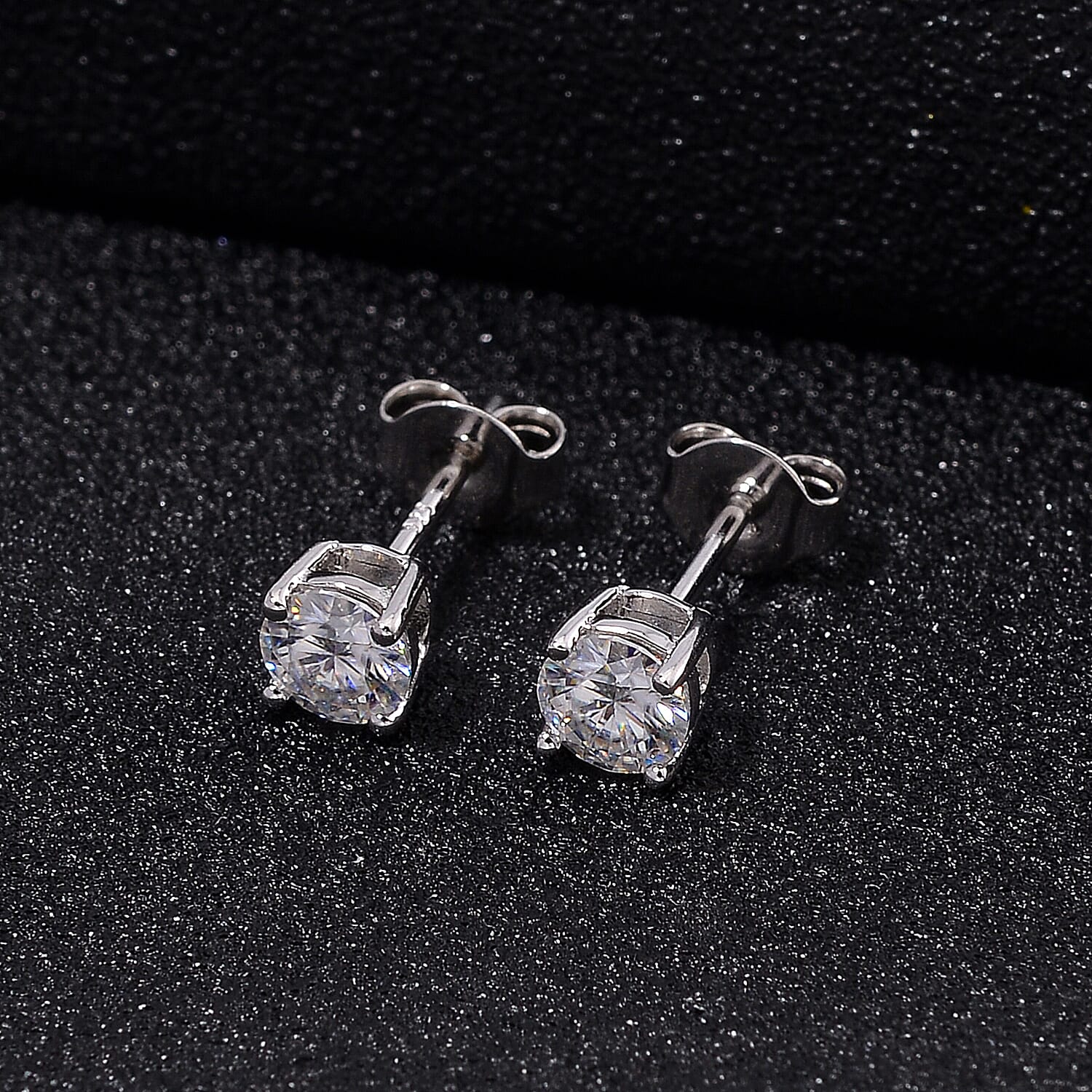 Moissanite Solitaire Stud Push Post Earring in Rhodium Overlay Sterling Silver