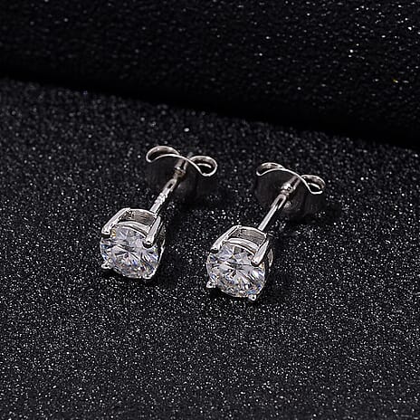 Moissanite Solitaire Stud Push Post Earring in Rhodium Overlay Sterling Silver