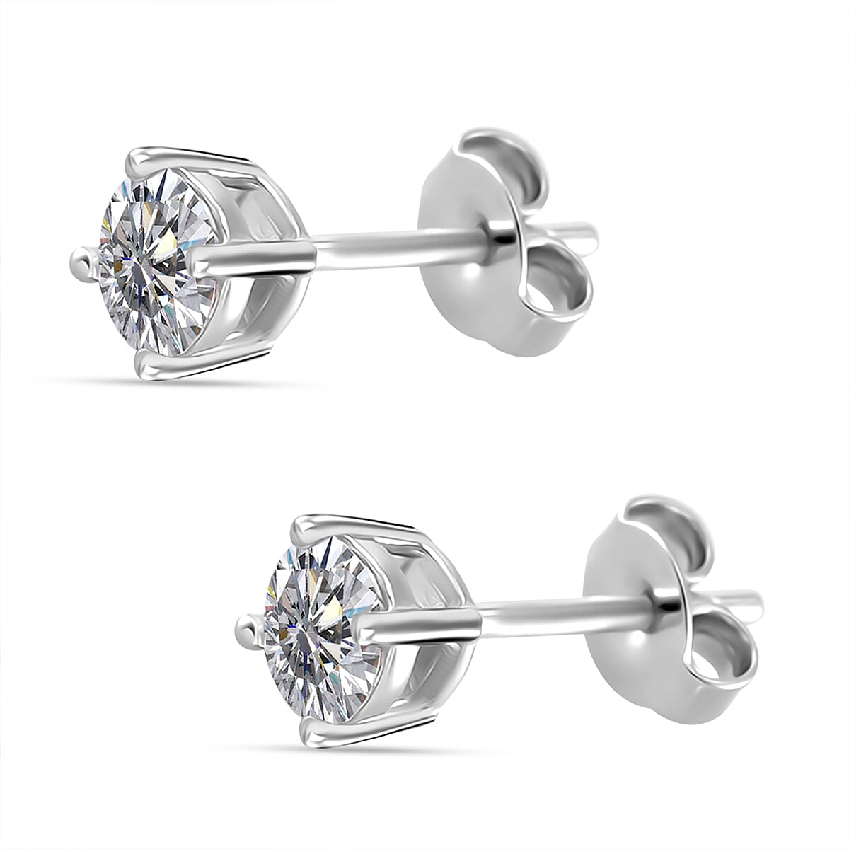 Moissanite Solitaire Stud Push Post Earring in Rhodium Overlay Sterling Silver