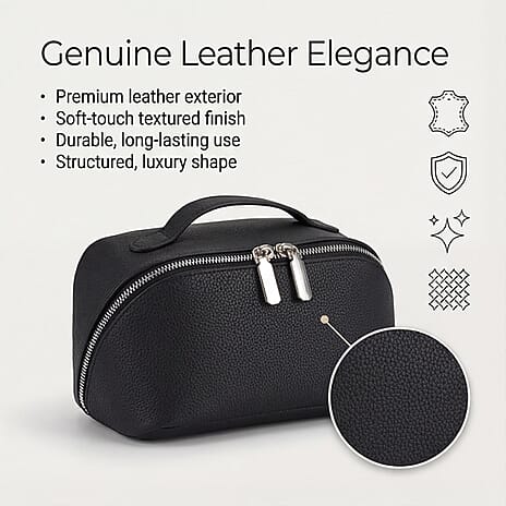 Genuine Leather Luxury Compact Cosmetic Travel Bag - Black