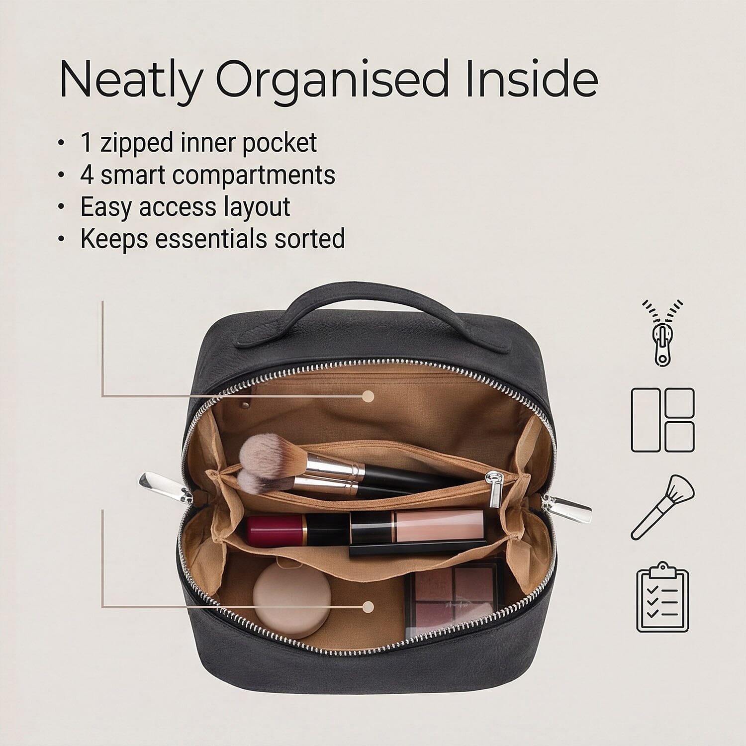 Genuine Leather Luxury Compact Cosmetic Travel Bag - Black