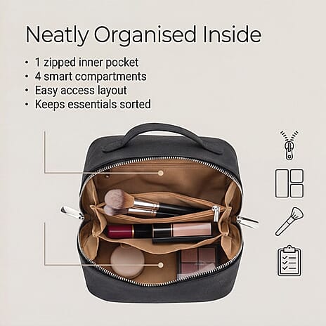 Genuine Leather Luxury Compact Cosmetic Travel Bag - Black