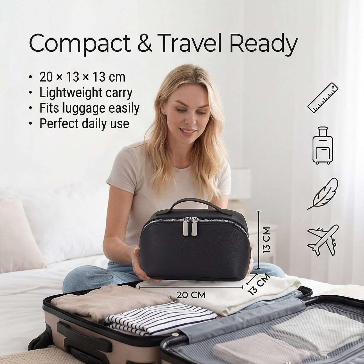 Genuine Leather Luxury Compact Cosmetic Travel Bag - Black