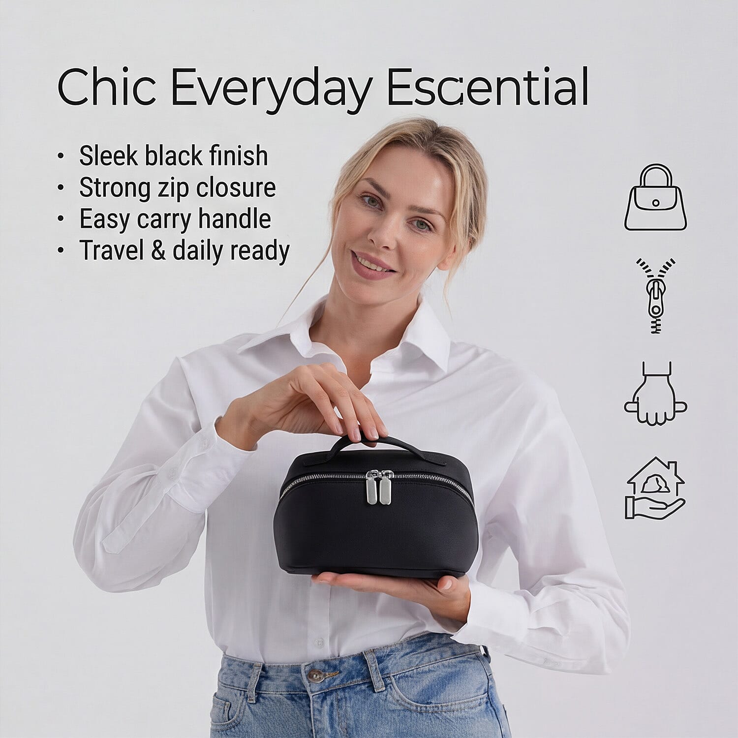 Genuine Leather Luxury Compact Cosmetic Travel Bag - Black