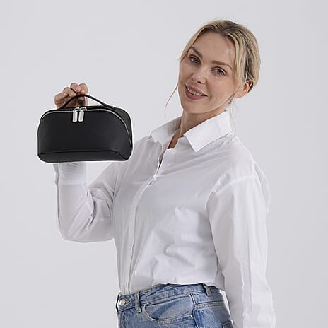 Genuine Leather Luxury Compact Cosmetic Travel Bag - Black