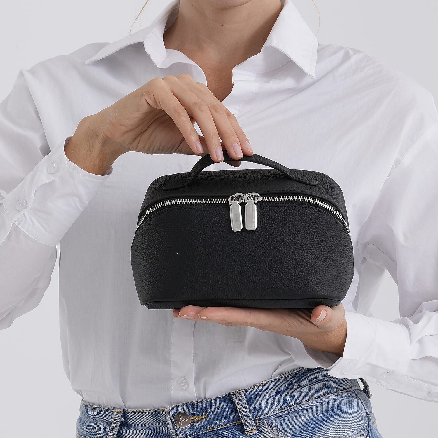 Genuine Leather Luxury Compact Cosmetic Travel Bag - Black