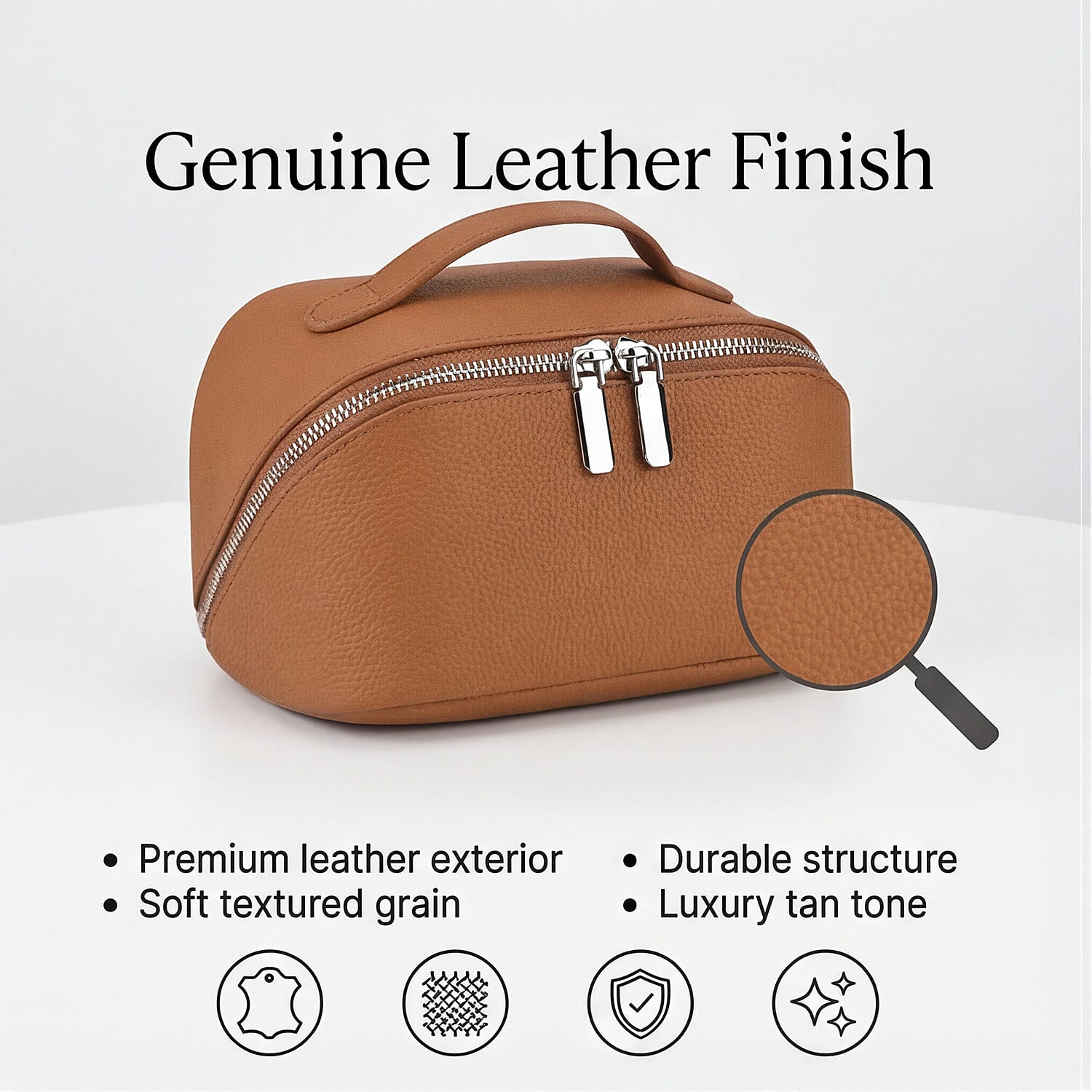 Genuine Leather Luxury Compact Cosmetic Travel Bag - Tan