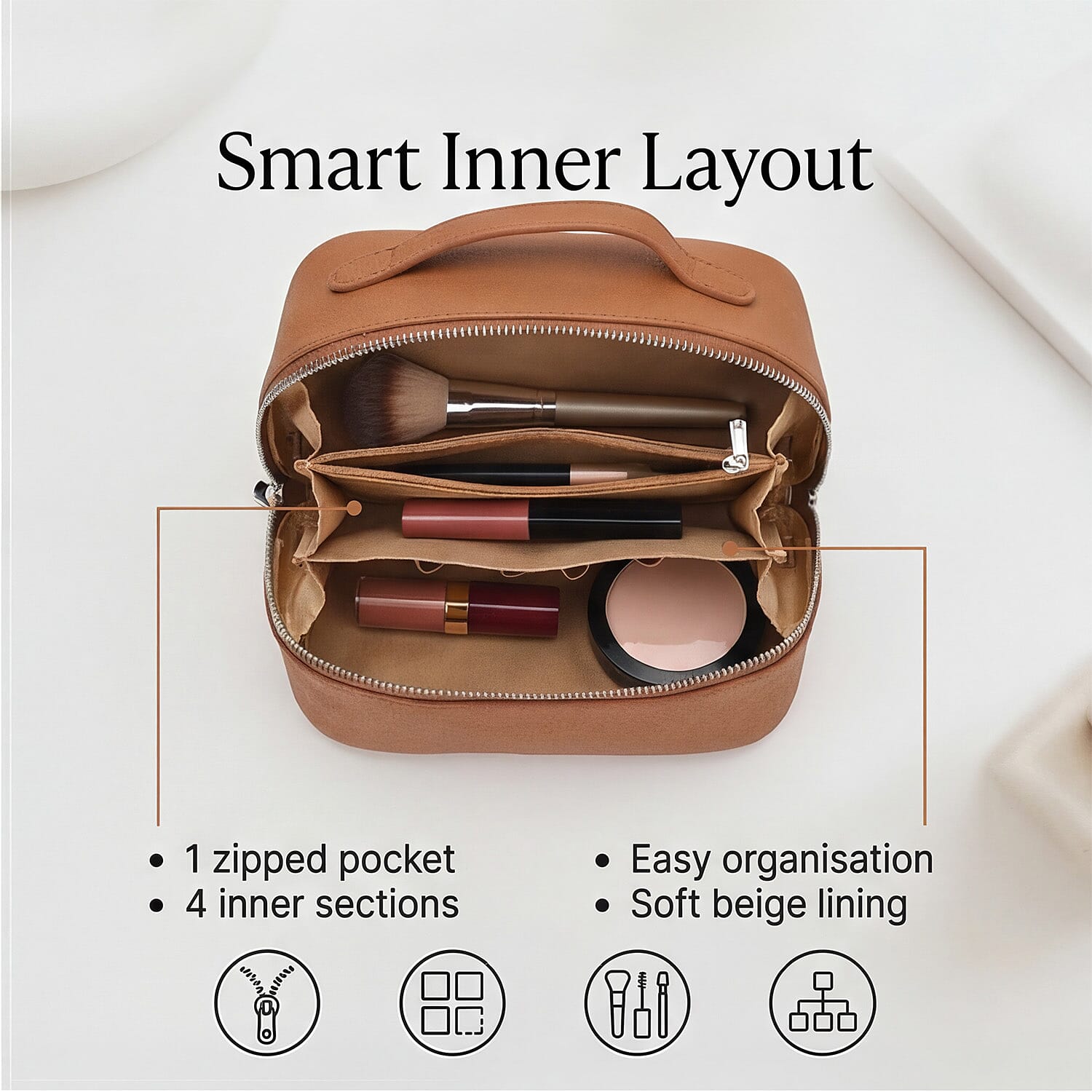 Genuine Leather Luxury Compact Cosmetic Travel Bag - Tan