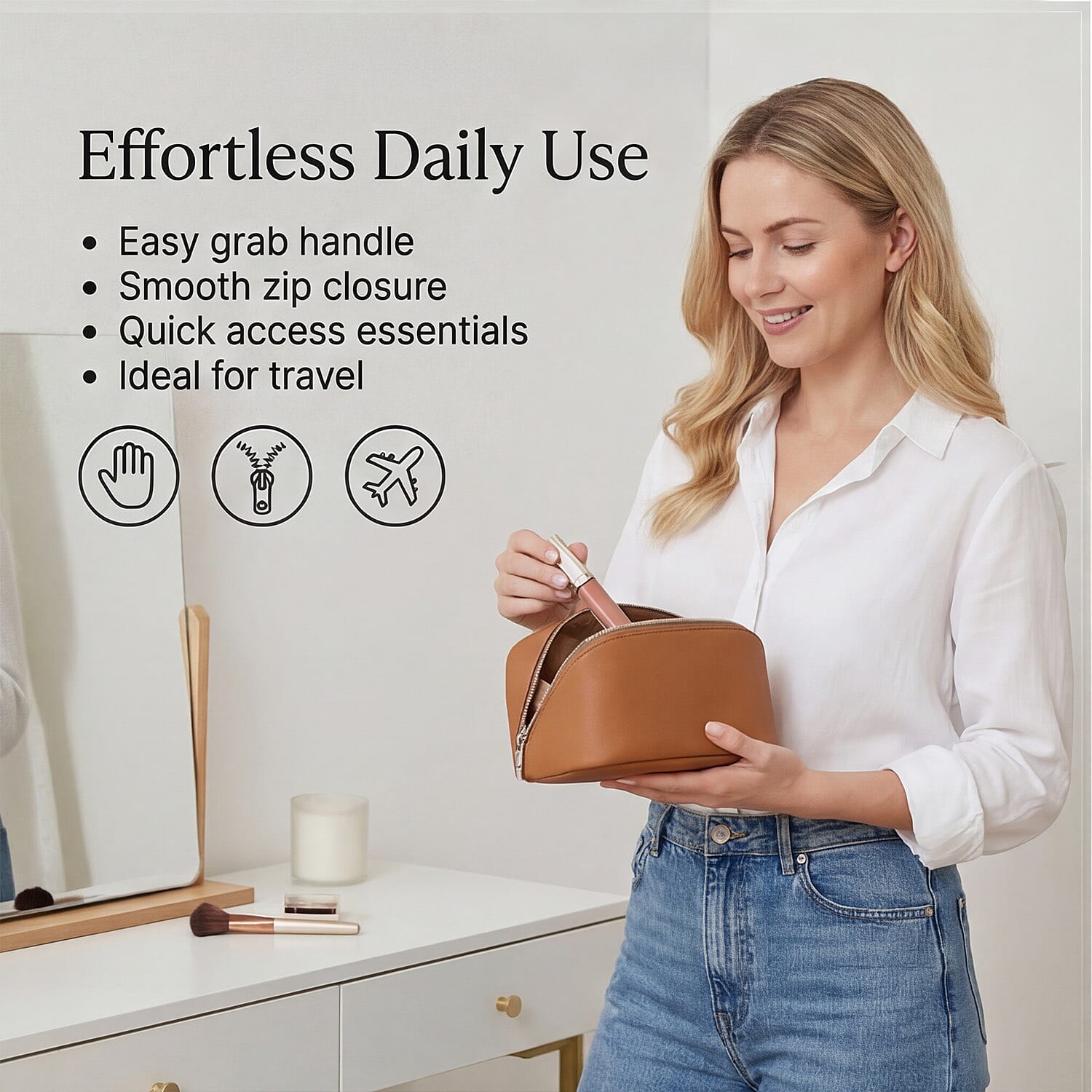 Genuine Leather Luxury Compact Cosmetic Travel Bag - Tan