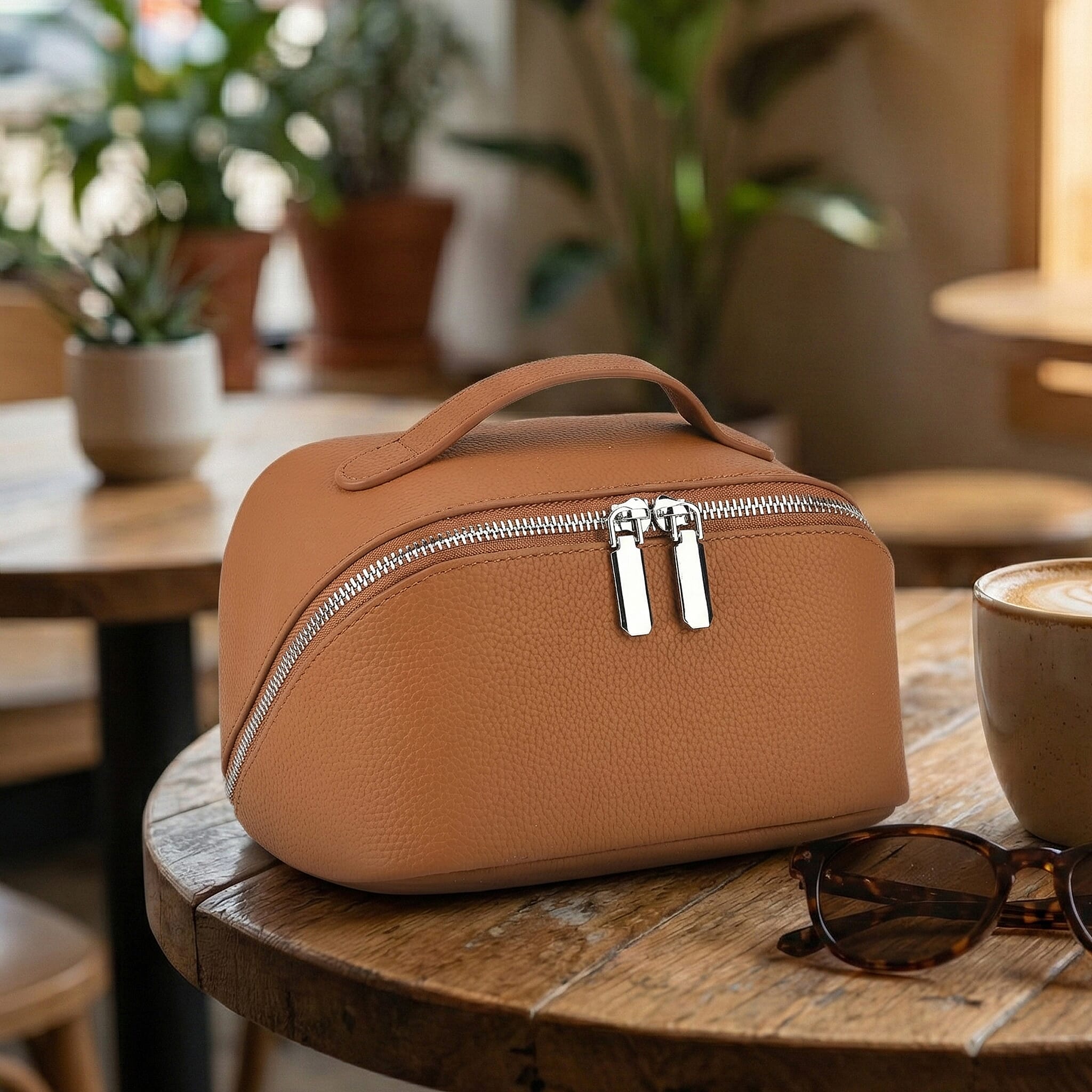 Genuine Leather Luxury Compact Cosmetic Travel Bag - Tan