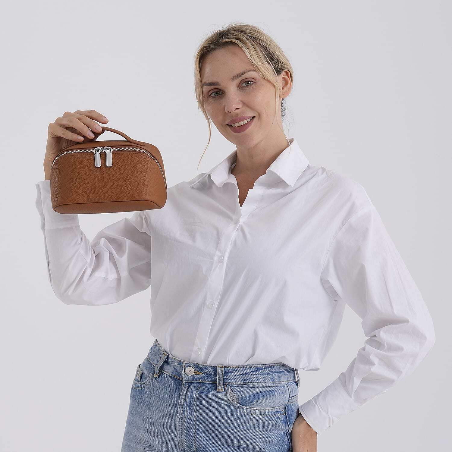 Genuine Leather Luxury Compact Cosmetic Travel Bag - Tan