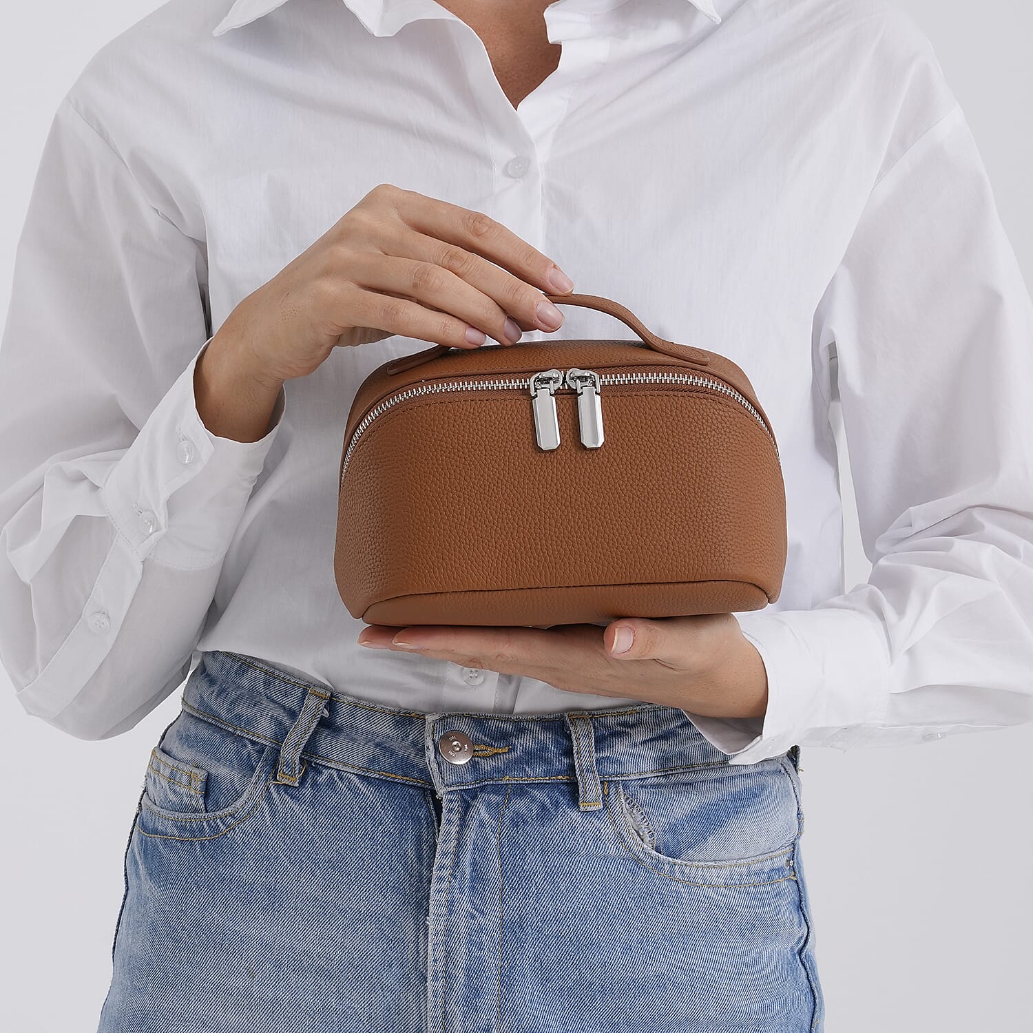 Genuine Leather Luxury Compact Cosmetic Travel Bag - Tan