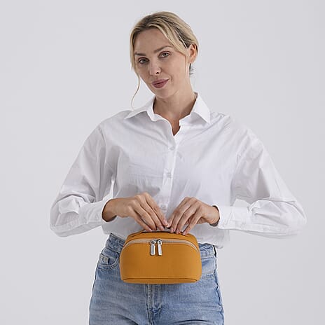 Genuine Leather Luxury Compact Cosmetic Travel Bag - Yellow