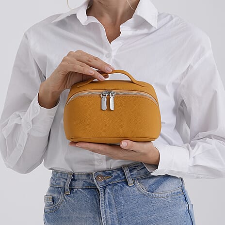 Genuine Leather Luxury Compact Cosmetic Travel Bag - Yellow