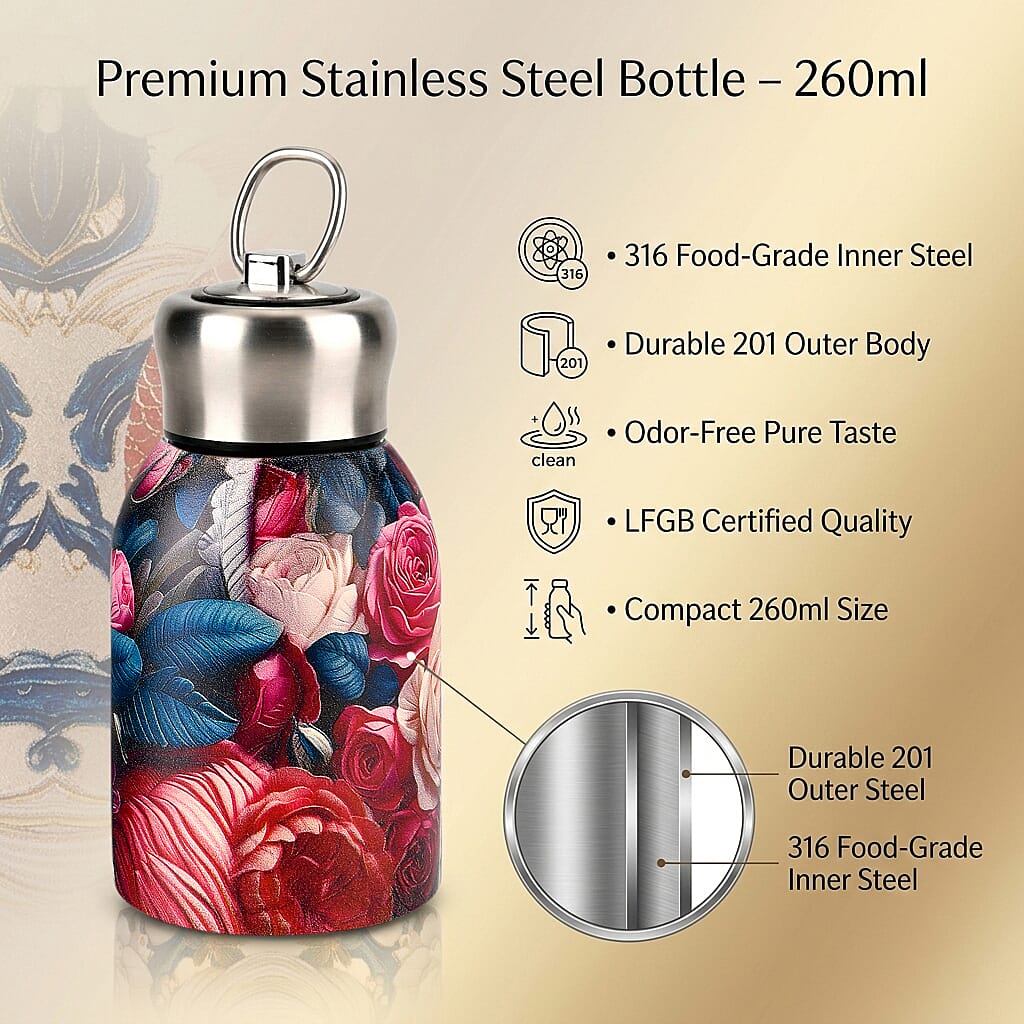 Livmore - Insulated Bottle Made Of 316L Stainless Steel With Double Wall And Rose Design - For Hot And Cold Drinks - 260mL