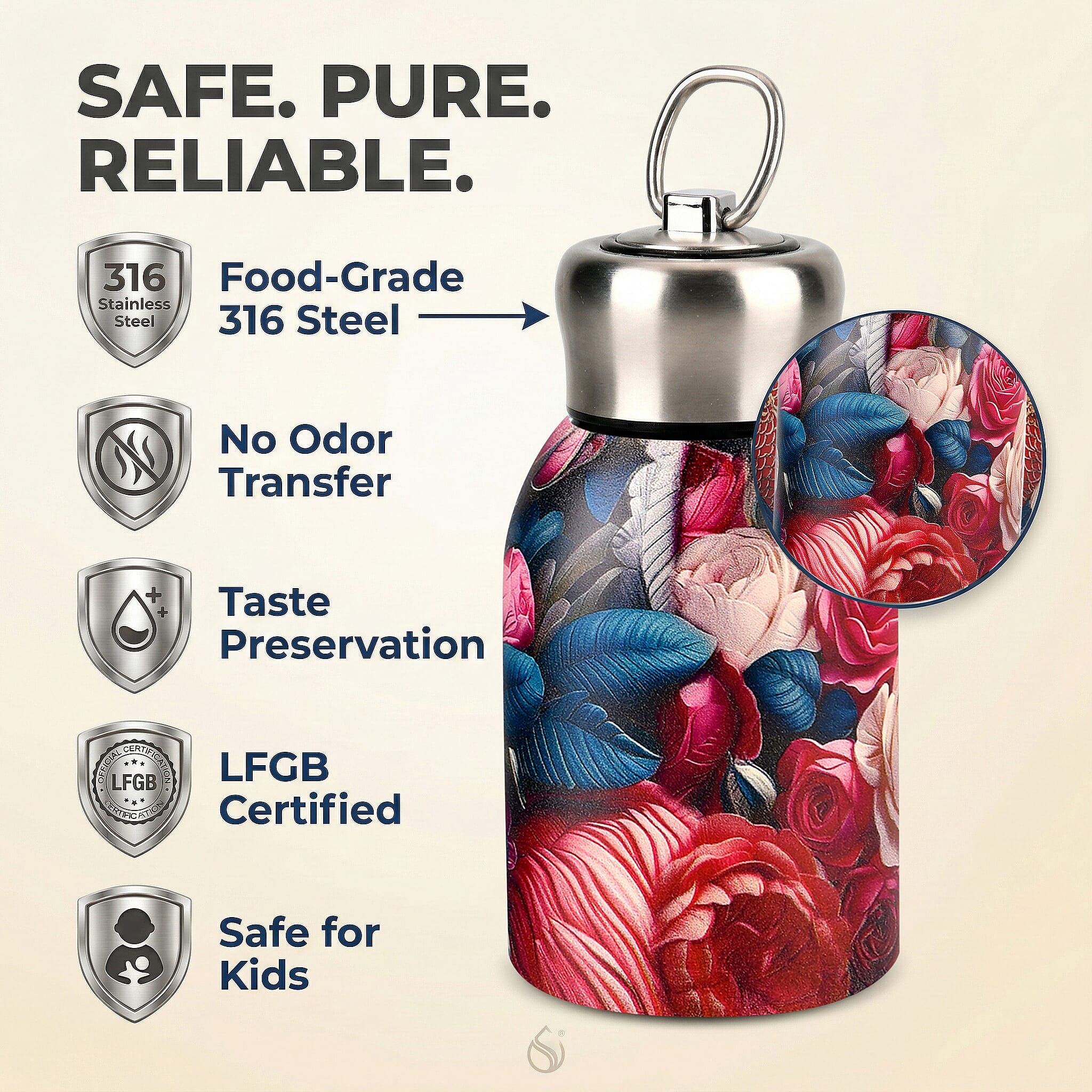 Livmore - Insulated Bottle Made Of 316L Stainless Steel With Double Wall And Rose Design - For Hot And Cold Drinks - 260mL