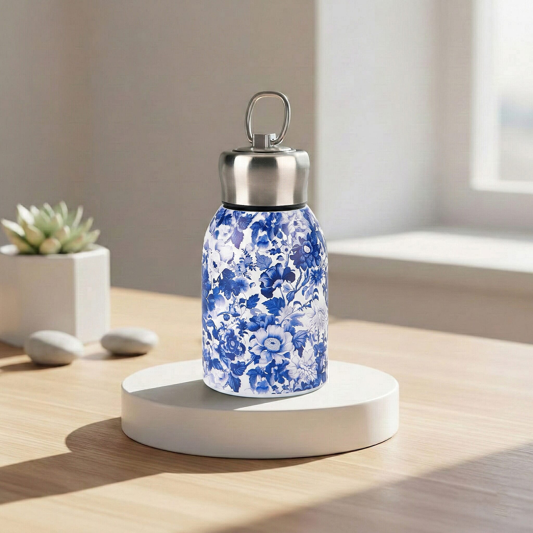 Livmore - Insulated Bottle Made Of 316L Stainless Steel With Double Wall And Blue And White Floral Veins Design - For Hot And Cold Drinks - 260mL