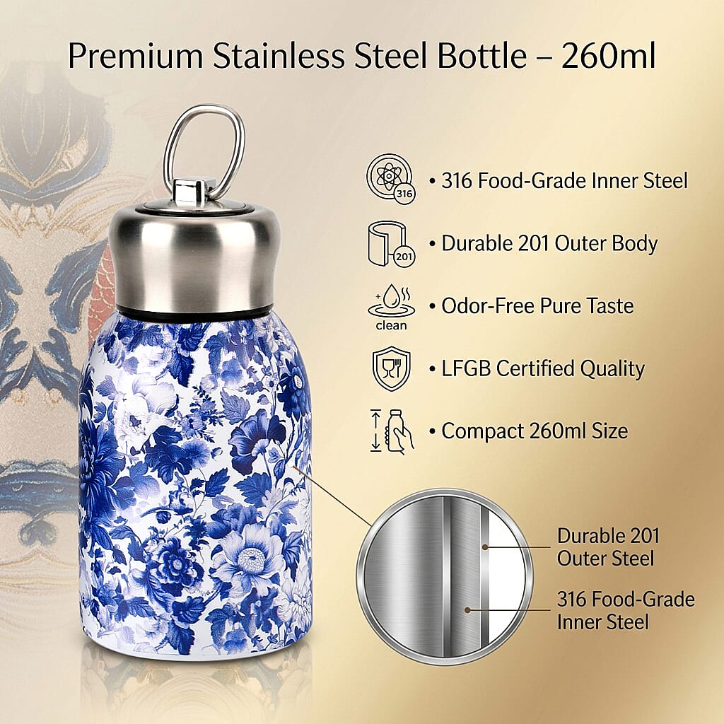 Livmore - Insulated Bottle Made Of 316L Stainless Steel With Double Wall And Blue And White Floral Veins Design - For Hot And Cold Drinks - 260mL