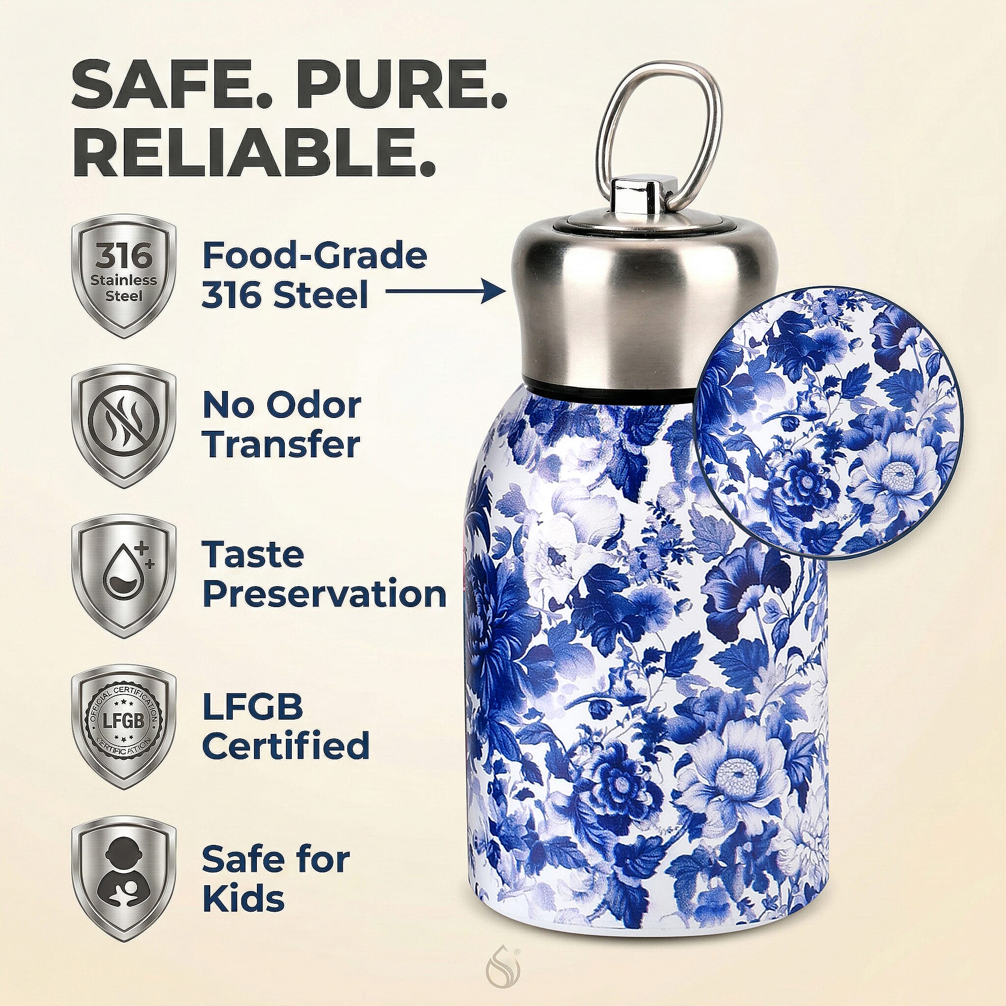 Livmore - Insulated Bottle Made Of 316L Stainless Steel With Double Wall And Blue And White Floral Veins Design - For Hot And Cold Drinks - 260mL