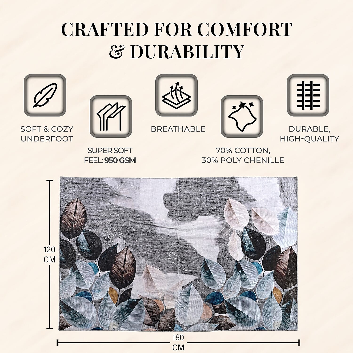 LIVMORE Leaf Pattern Rug (Size 120x180 cm) - Black
