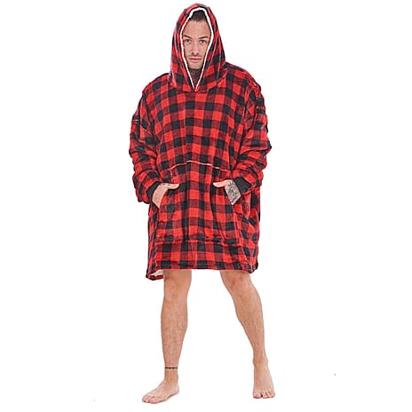 Adult Oversized Fully Sherpa-Lined Blanket Hoodie With Pockets (One Size) - Red - Black Check