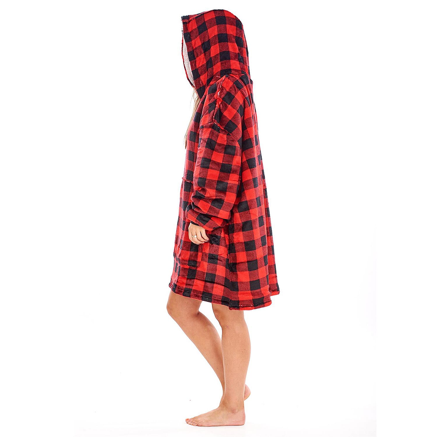 Adult Oversized Fully Sherpa-Lined Blanket Hoodie With Pockets (One Size upto 30) - Red - Black Check