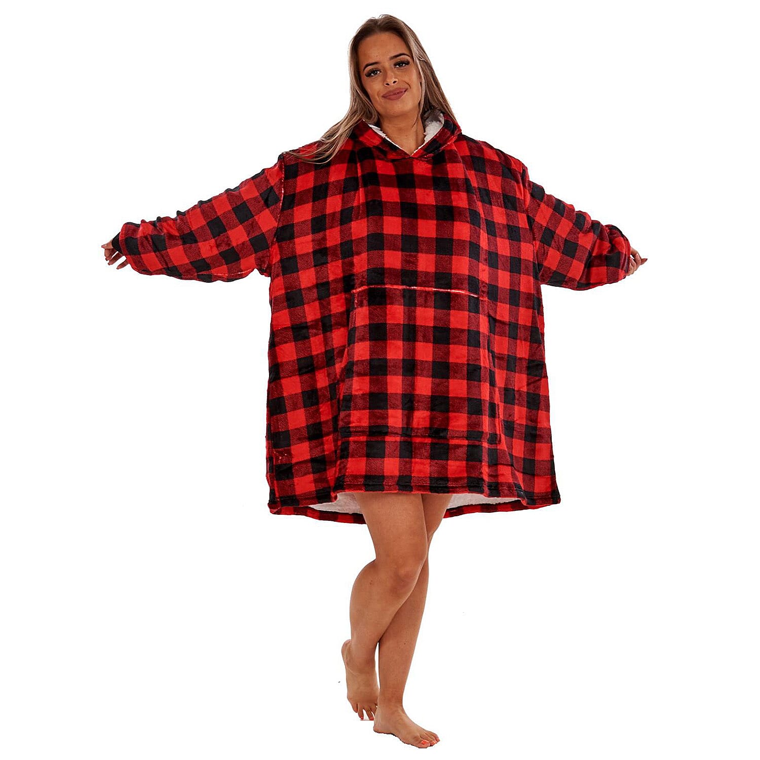 Adult Oversized Fully Sherpa-Lined Blanket Hoodie With Pockets (One Size upto 30) - Red - Black Check