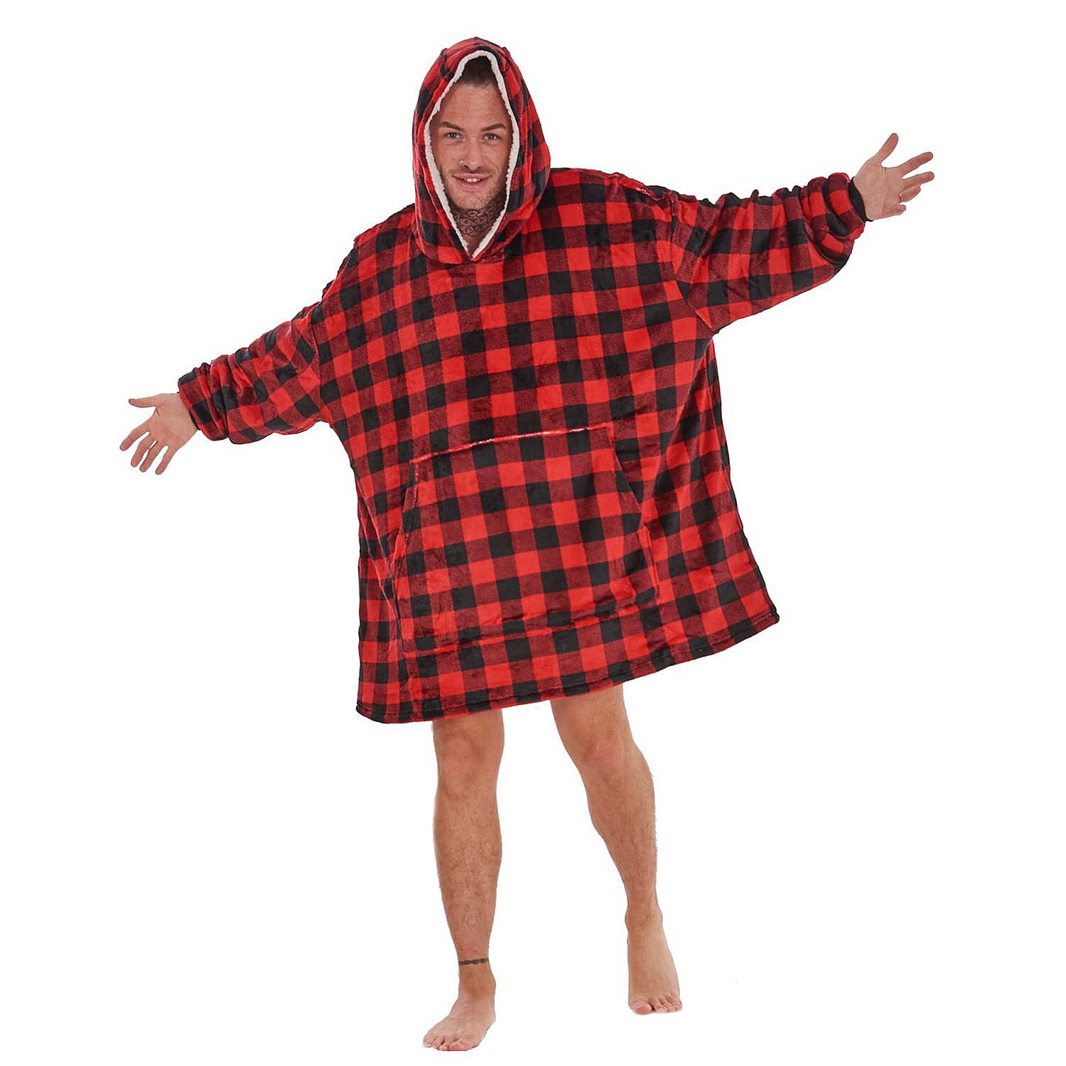Adult Oversized Fully Sherpa-Lined Blanket Hoodie With Pockets (One Size upto 30) - Red - Black Check