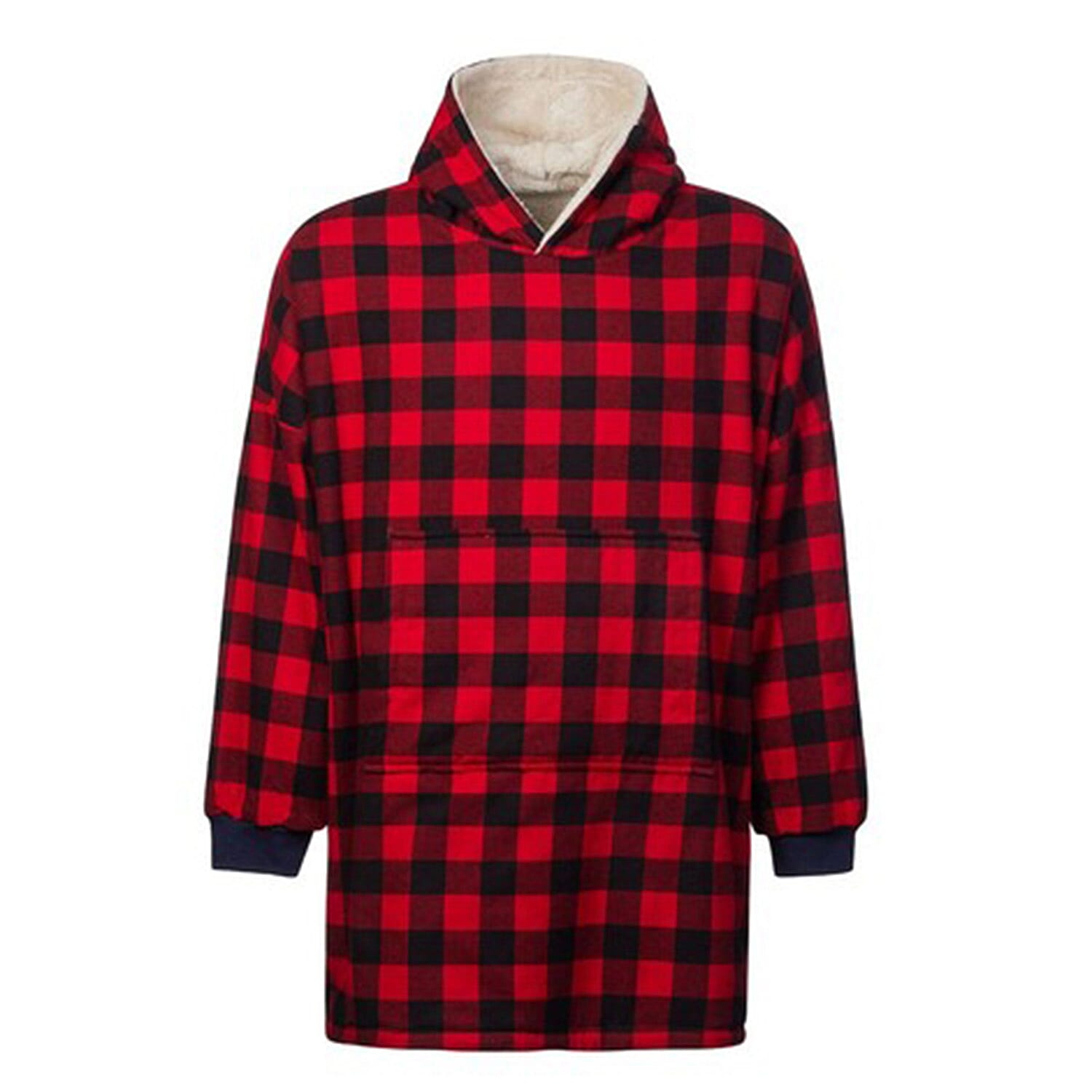 Adult Oversized Fully Sherpa-Lined Blanket Hoodie With Pockets (One Size upto 30) - Red - Black Check