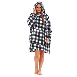 Adult Oversized Fully Sherpa-Lined Blanket Hoodie With Pockets (One Size upto 30) - Red - Black Check