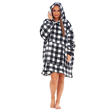 Adults Buffalo Oversized Fully Sherpa-Lined Blanket Hoodie With Pockets (One Size) - White - Black Check