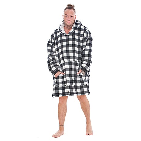 Adults Buffalo Oversized Fully Sherpa-Lined Blanket Hoodie With Pockets (One Size) - White - Black Check