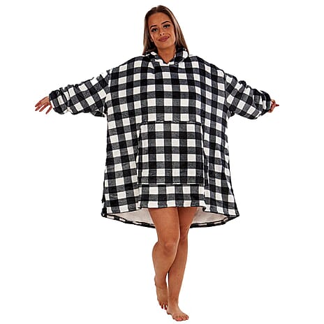 Adults Buffalo Oversized Fully Sherpa-Lined Blanket Hoodie With Pockets (One Size) - White - Black Check